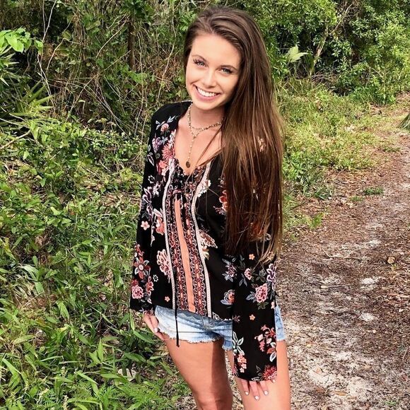 Takara Blouse Tie Front Black Floral Orange White Bell Sleeves Small - Picture 3 of 7